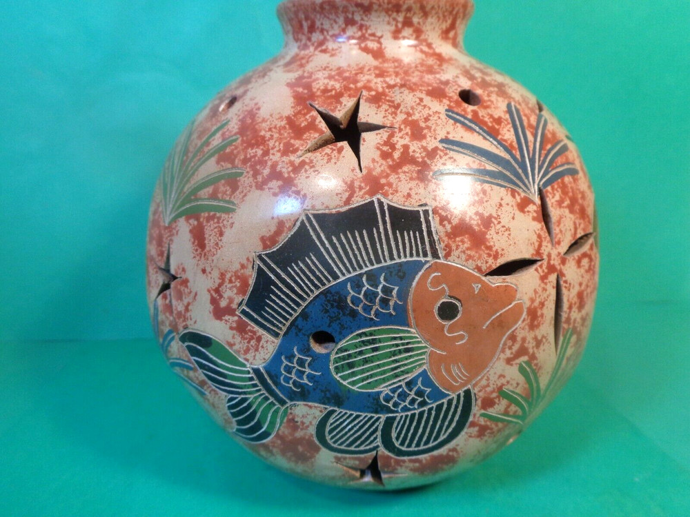 Pottery Tropical Pattern Tea Light/Candle Globe, Brazil (Used/EUC)