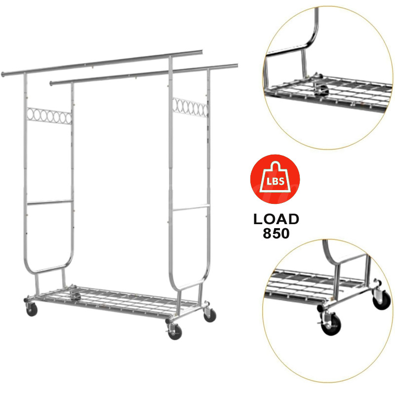 Mobile Coat Rack, Retractable Adjustable, Heavy Duty Chrome with Bottom Shelf