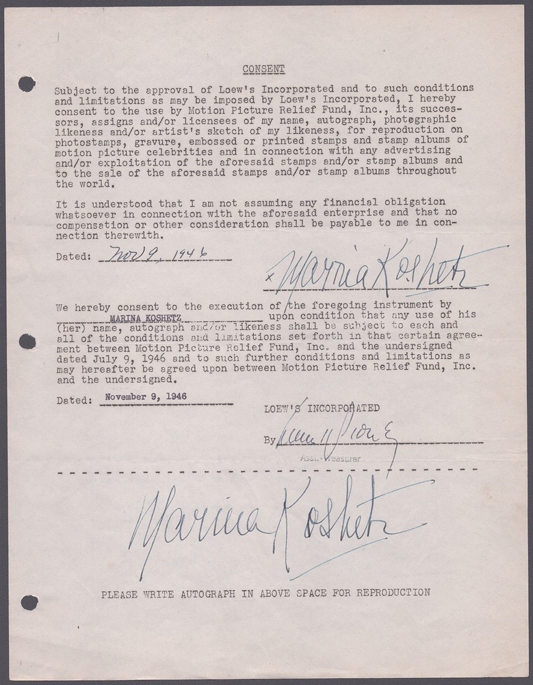MARINA KOSHETZ - DOCUMENT DOUBLE SIGNED 11/09/1946