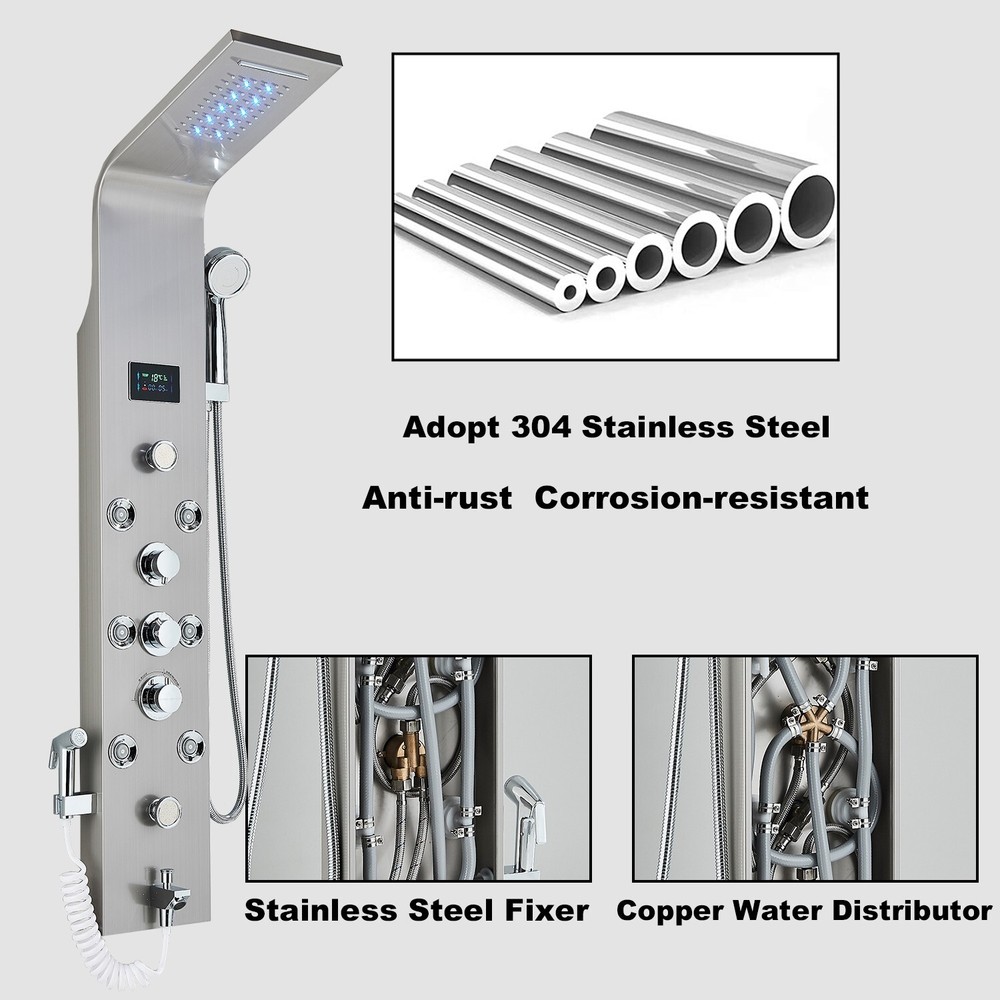 Brushed Nickel Shower Panel Tower System Rainfall Head Massage System Body Jet