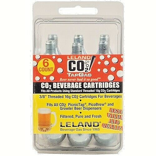 (6) 16 Gram Threaded CO2 Beverage Cartridges For Beer Dispensing Mini Kegs 3/8"