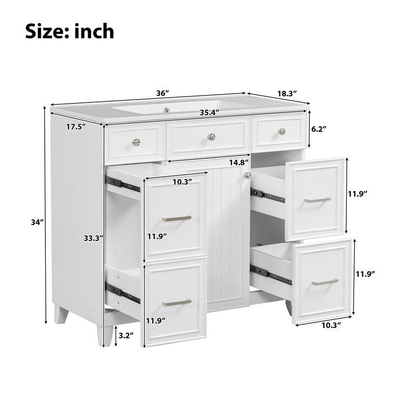 36" White Bathroom Vanity Set,Solid Wood Frame w/Ceramic Sink &Versatile Storage