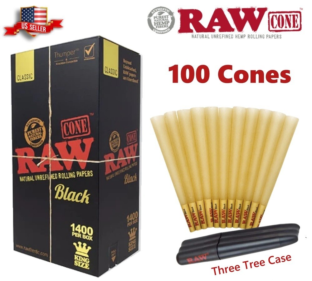 Authentic RAW Black King Size Pre-Rolled Cones 100 Pack & Three Tree Case