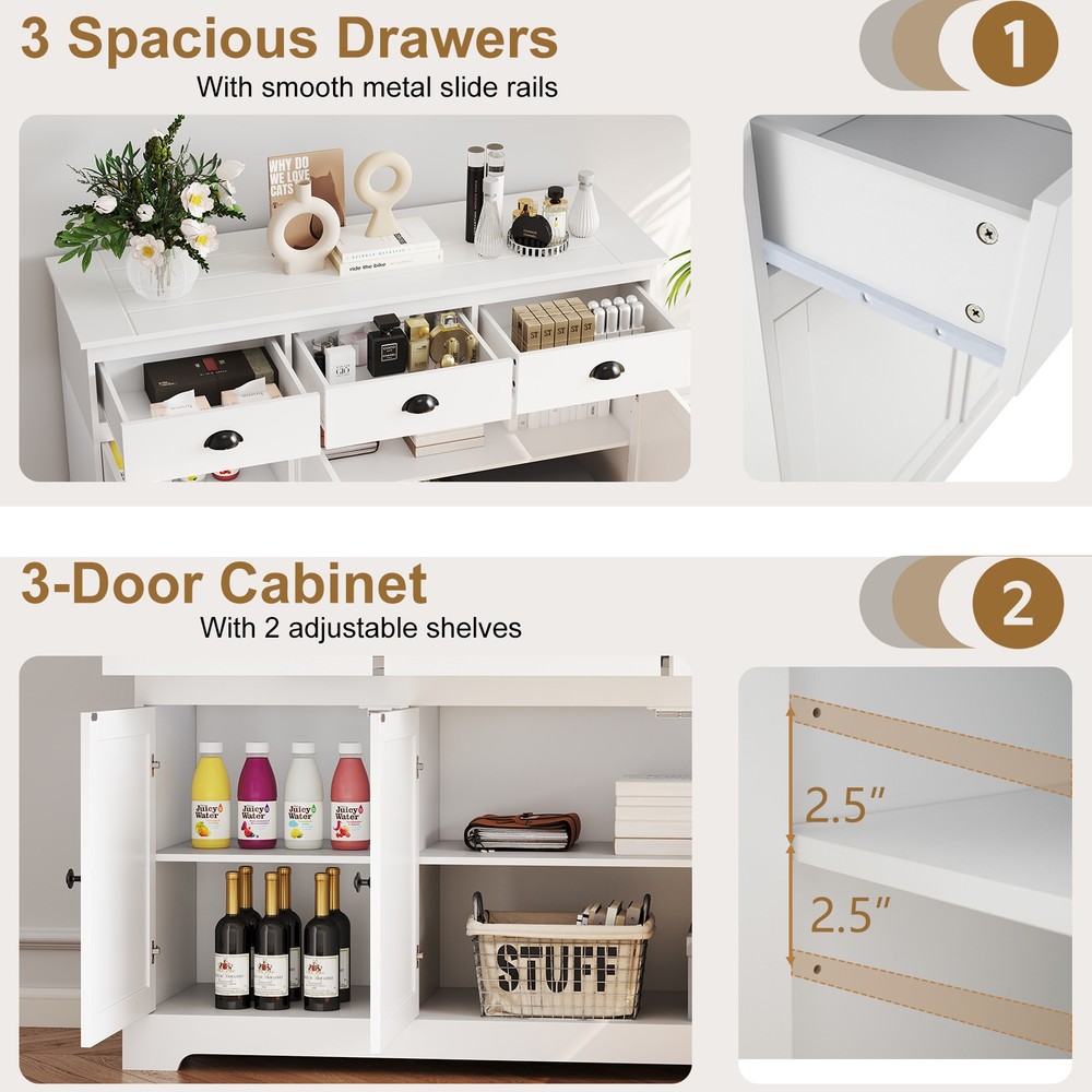3 Drawers Sideboard Buffet Table Storage Console Cabinet Entryway Cupboard White