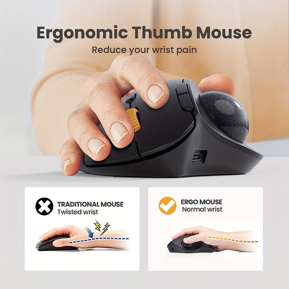Ergonomic Wireless Trackball Mouse – Rechargeable Thumb-Control for PC & iPad