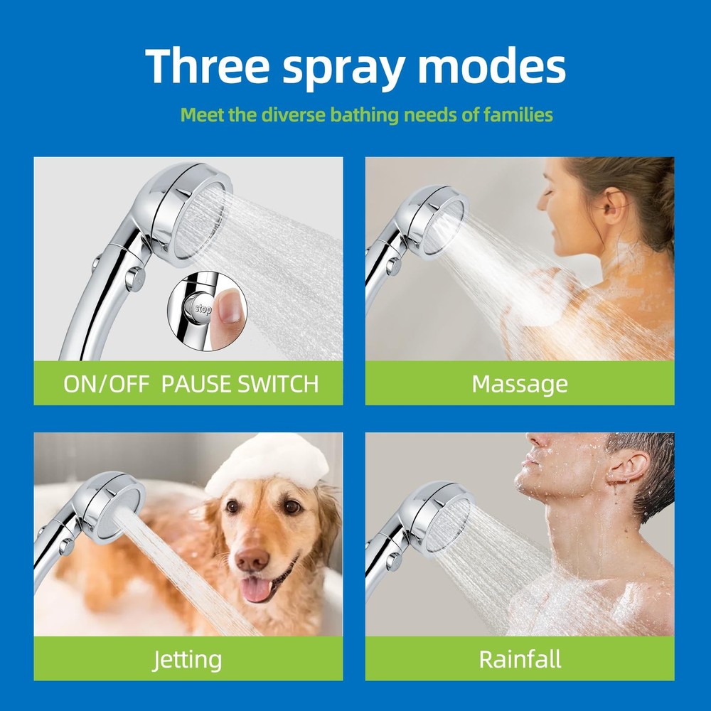 High Pressure Handheld Shower Head with ON/OFF Pause Switch 3 Spray Silver