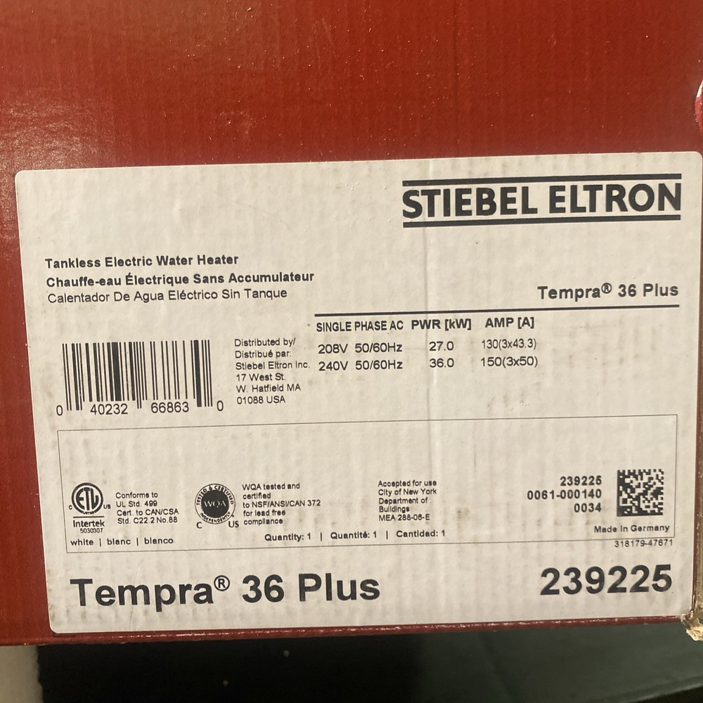 Stiebel Eltron Tempra 36 Plus 36kW 240V Tankless Water Heater 7.03 GPM