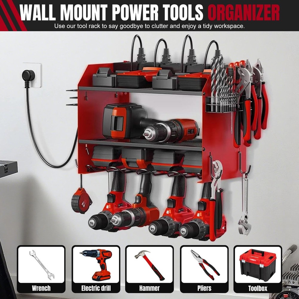 Modular Power Tool Organizer Wall Mount with Charging Station, 3-Layer Heavy ...