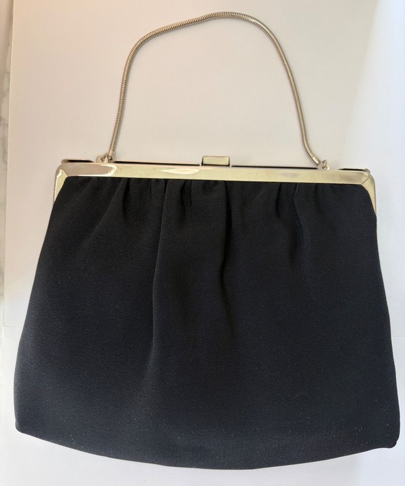 Vintage Black Fabric With Silver Tone Brushed Frame, Peach Interior,Chain Handle