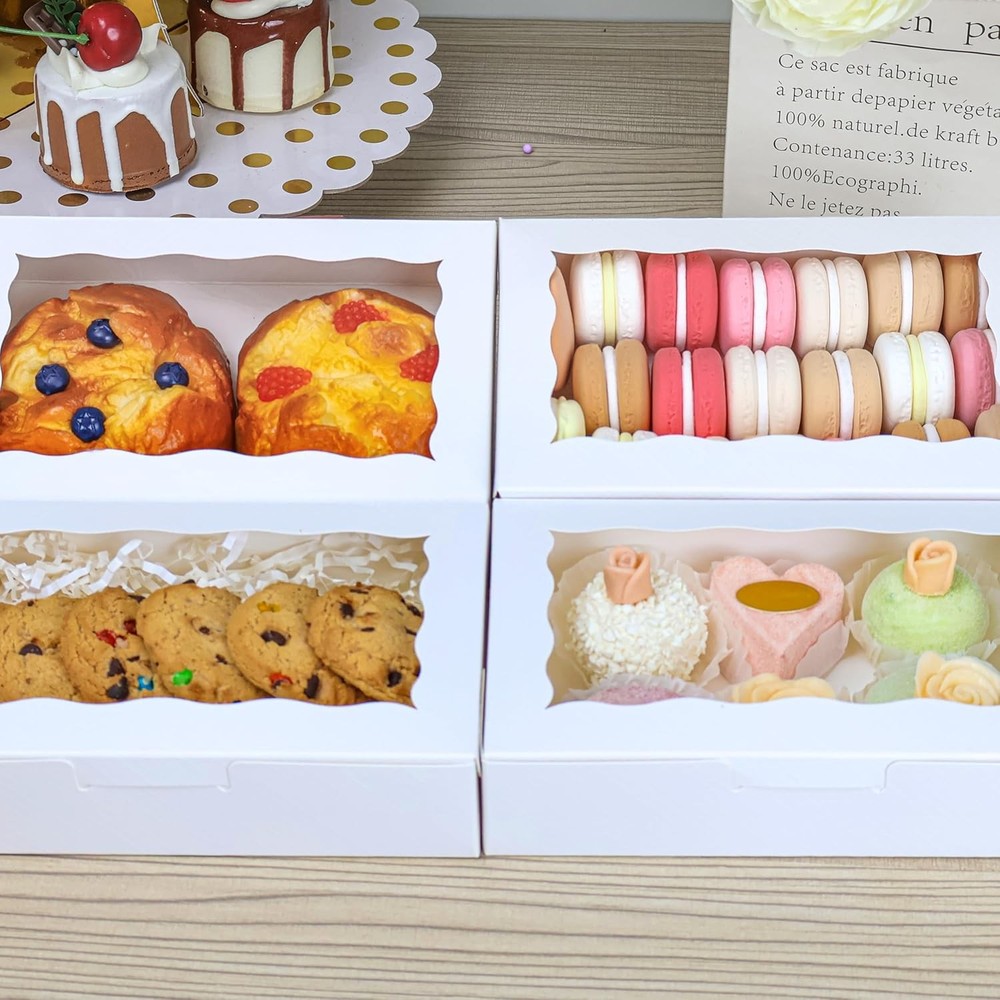 50pcs White Cookie Boxes with Window 7"x4.5"x1.5" Small Bakery Packaging