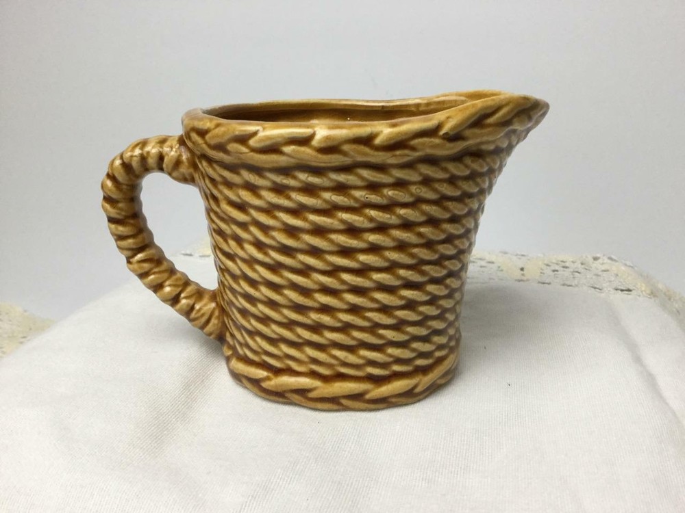 Vintage Brown Creamer Ceramic Rope Braid & Leaf Pattern Japan