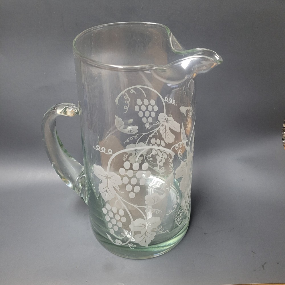 Mid-Century Modern Glass Pitcher with Grape Vine Pattern