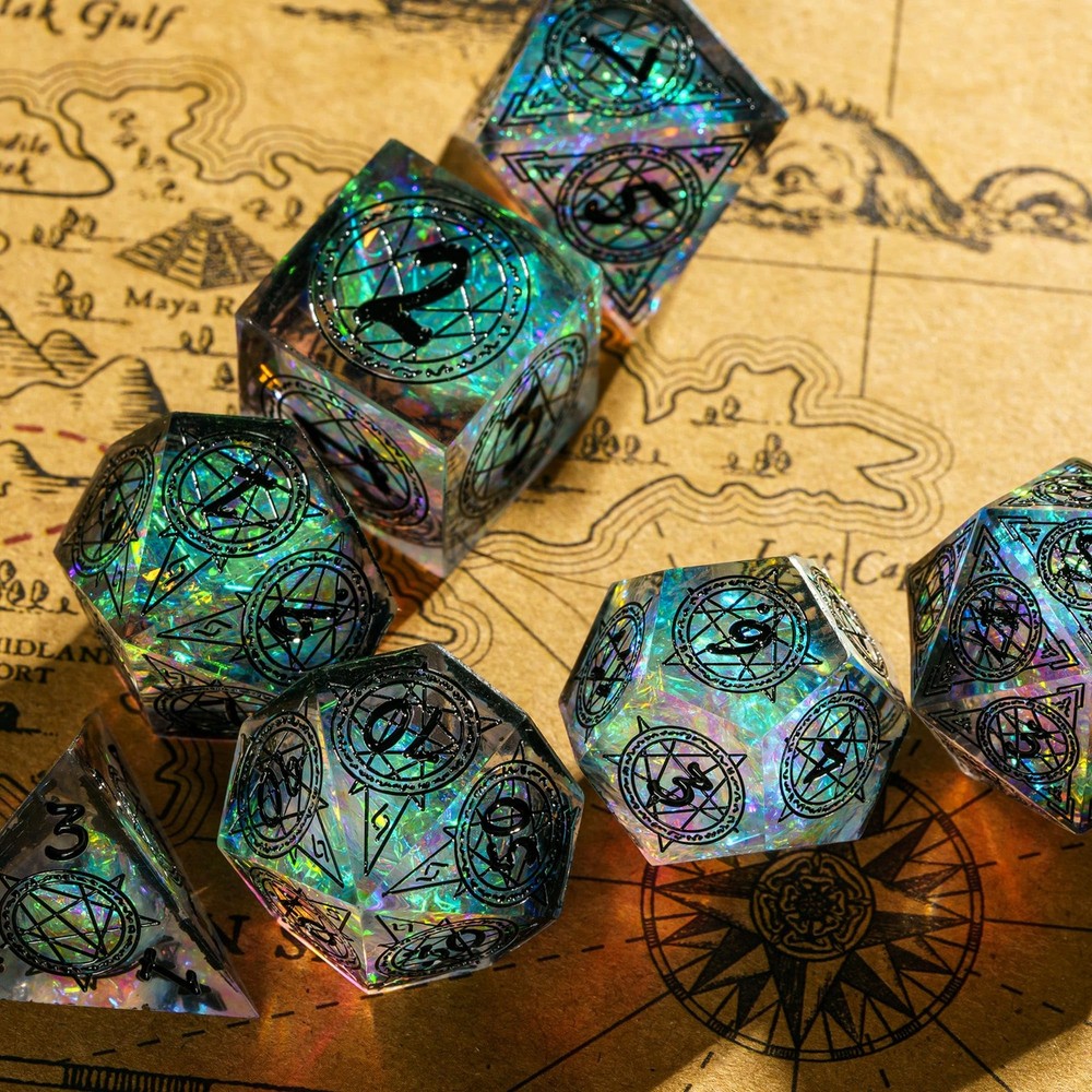 Cusdie 7-Die Sharp Edges DND Dice Set, Magic Circle Pattern Polyhedral D&D Dice
