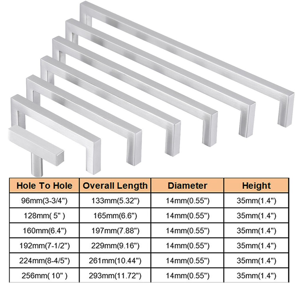Silver Brushed Square Modern Cabinet Handle Pulls Kitchen Drawer Stainless Steel