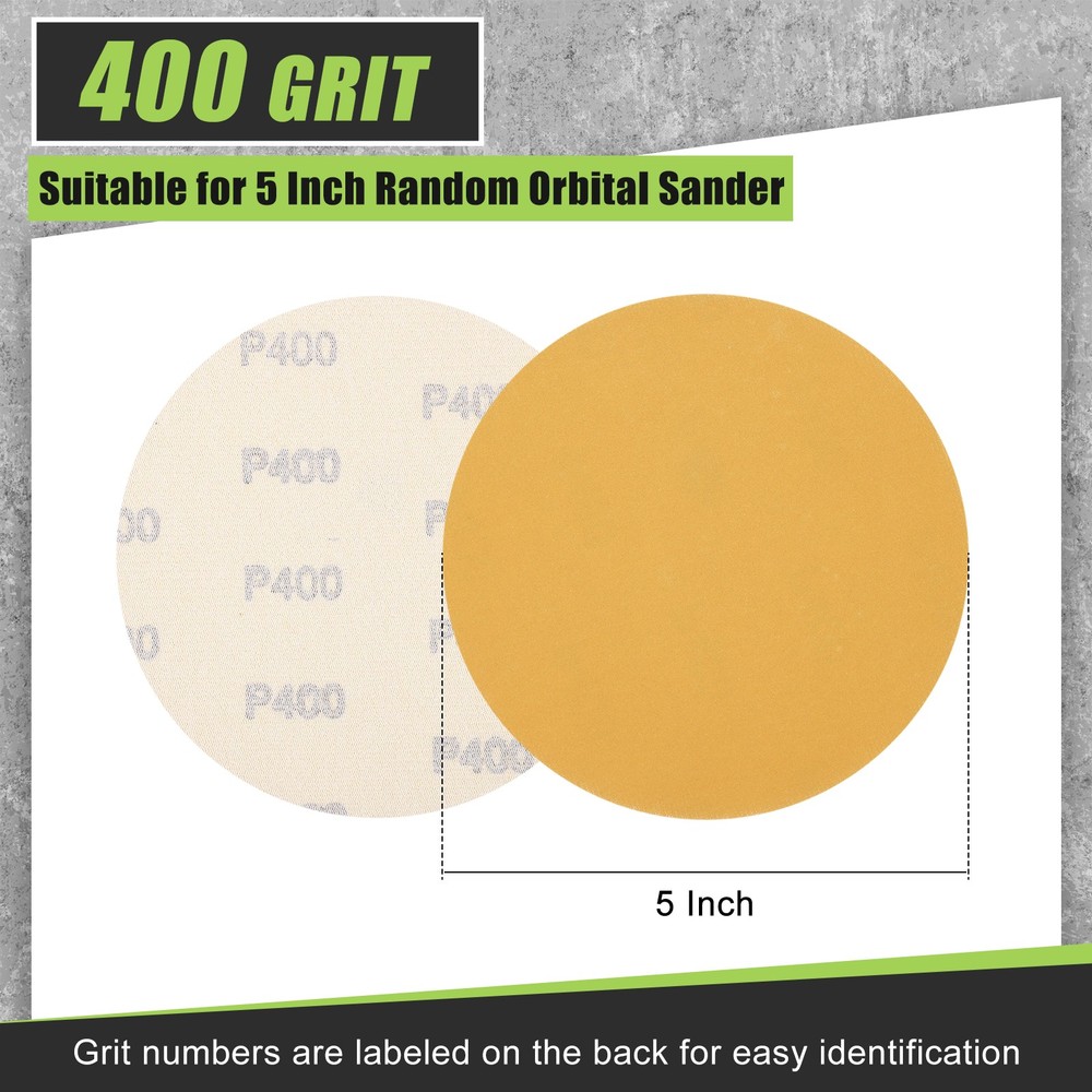 100 Pcs 5 Inch 400 Grit Hook and Loop Sanding Disc, Yellow