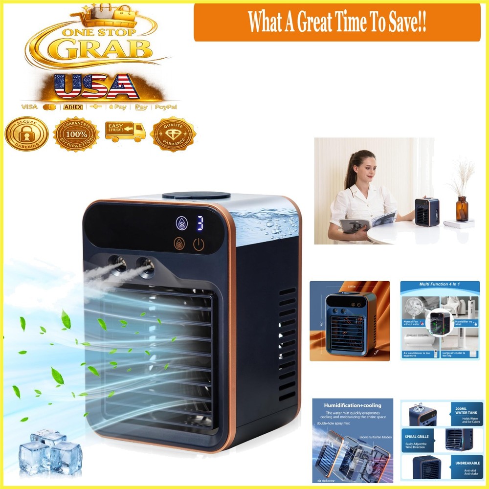 Blue Portable Air Cooler 4-in-1 Fan Humidifier Purifier Rechargeable