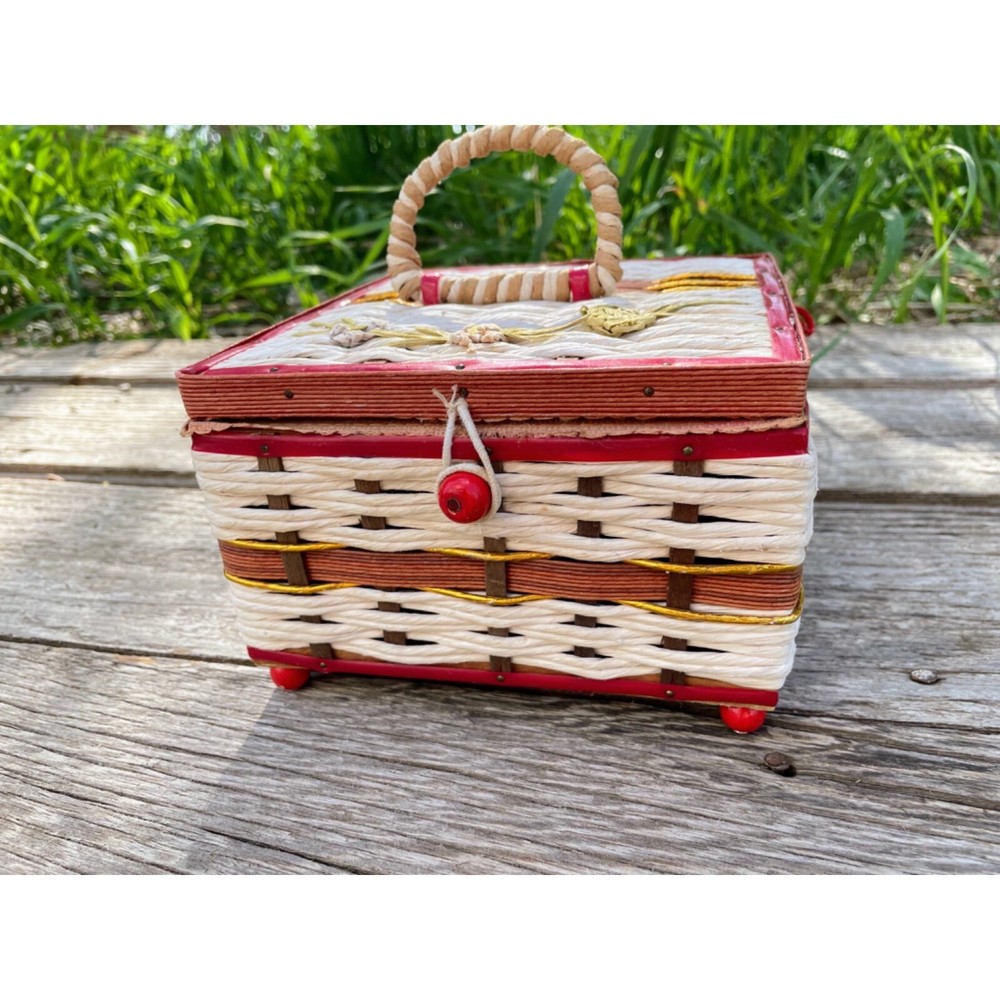 Vintage raffia straw Small Sewing Box Retro Red