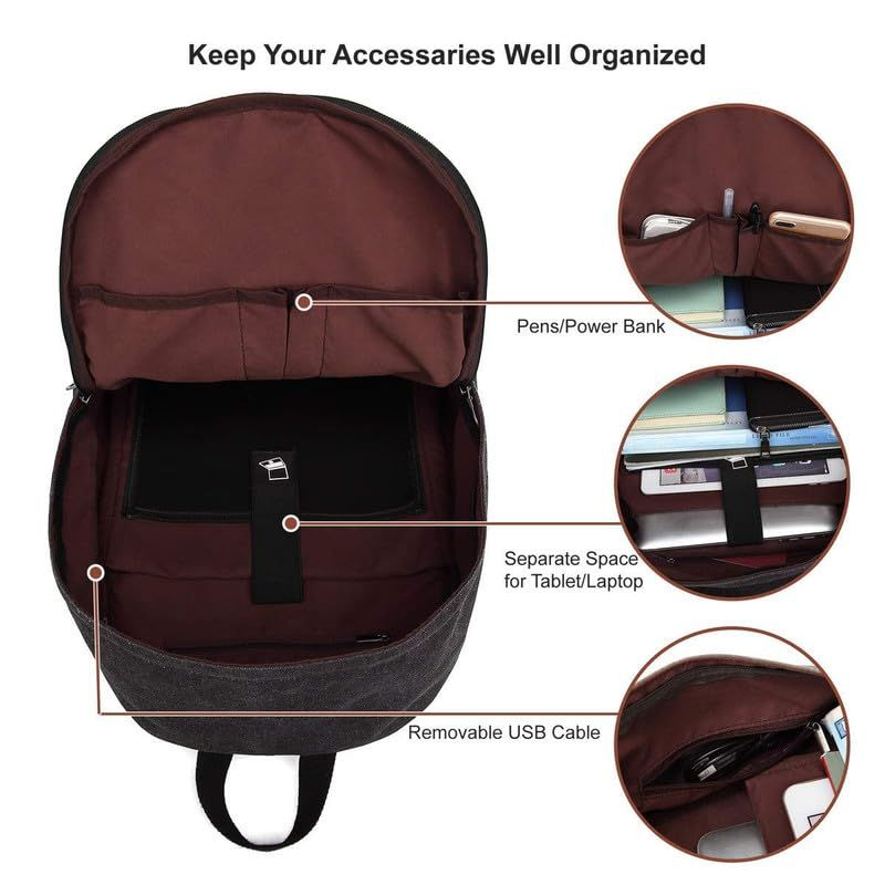UNIWALK Canvas Laptop Backpack, Waterproof Vintage Backpack With USB Black
