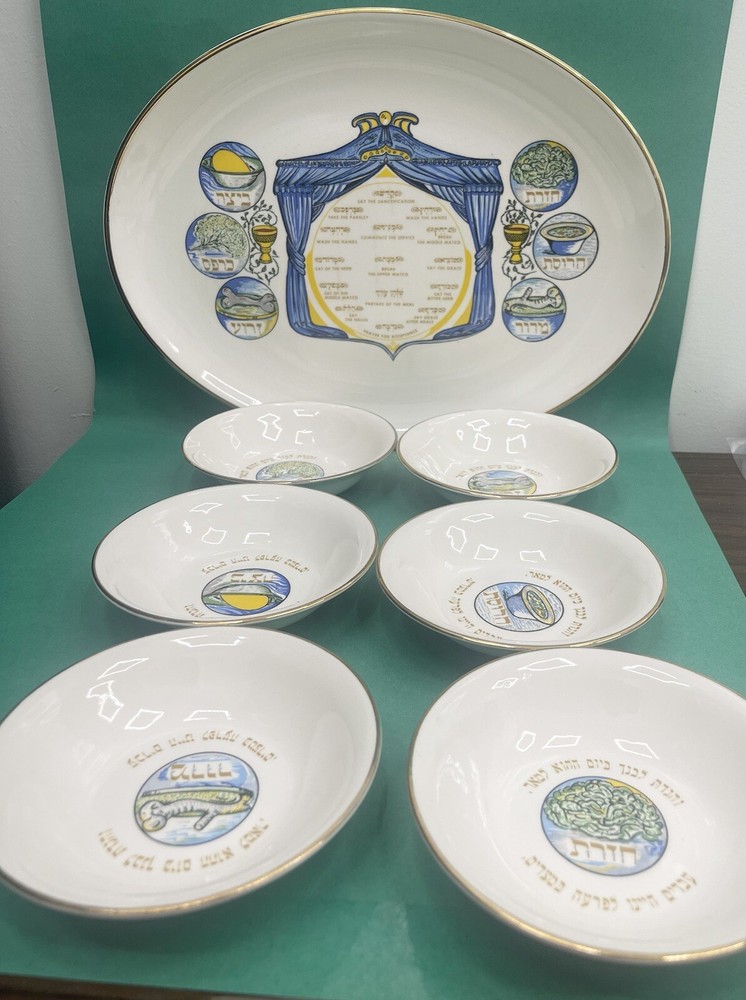 Oval Ceramic Passover Seder Plate 13" & 6 Mini Bowls 7 pieces