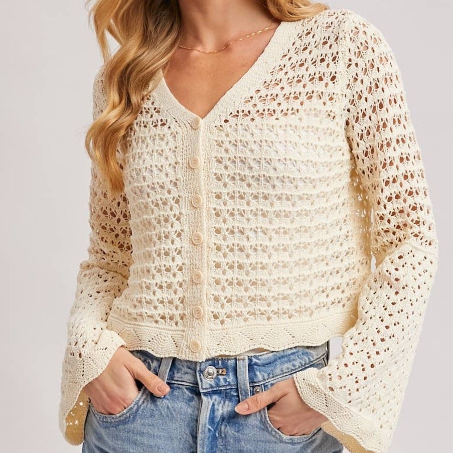 Button-Down Open-Knit Crochet Cardigan Ecru Small