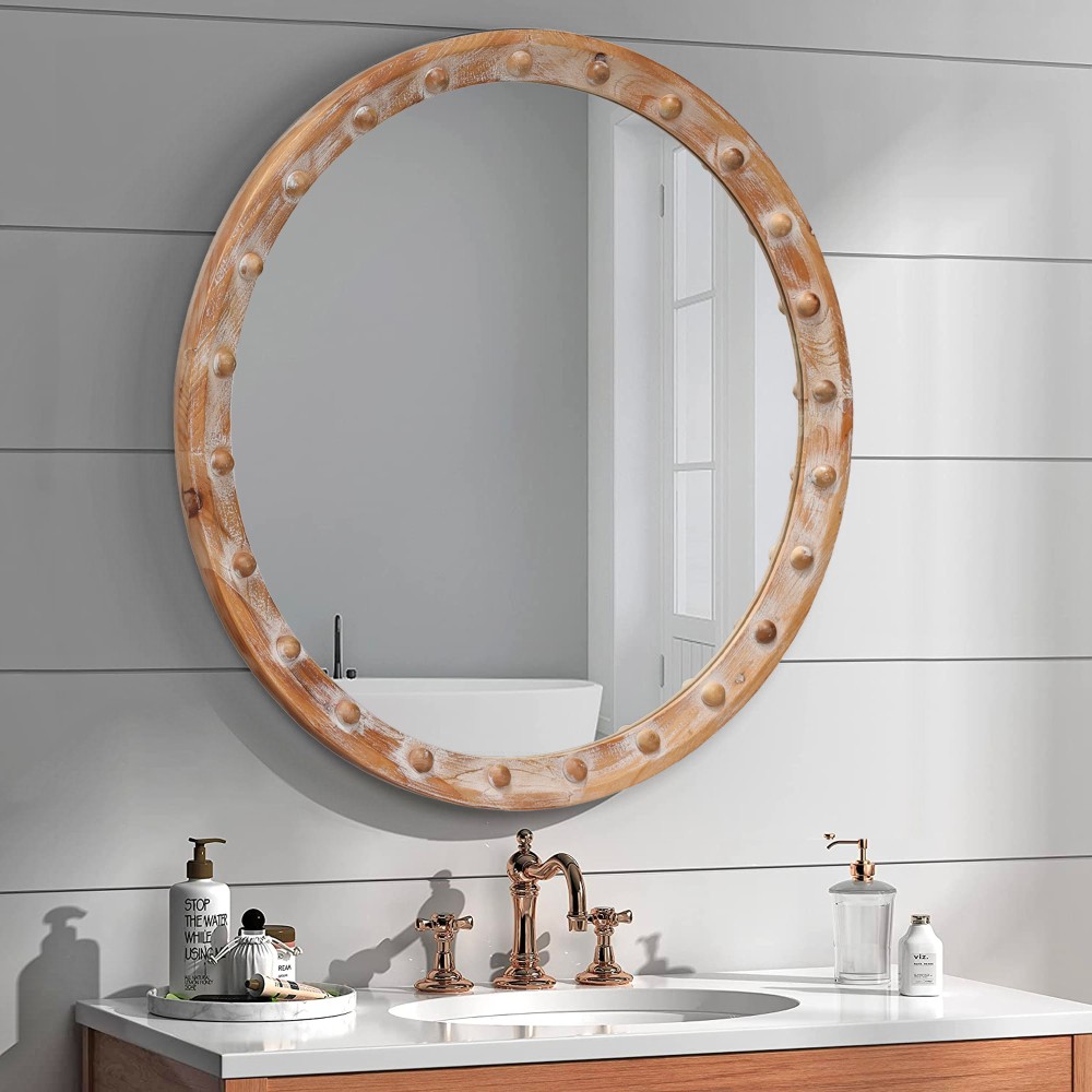 Rustic Round Wall Mirror 24" Distressed Wood Frame w/ Rivets Decor