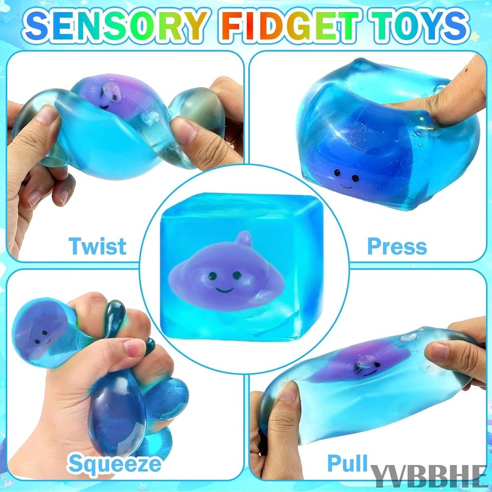 Blue Squeeze Cube with Luminous Devil Fish Inside, Squishy Stress Fidget Gummy