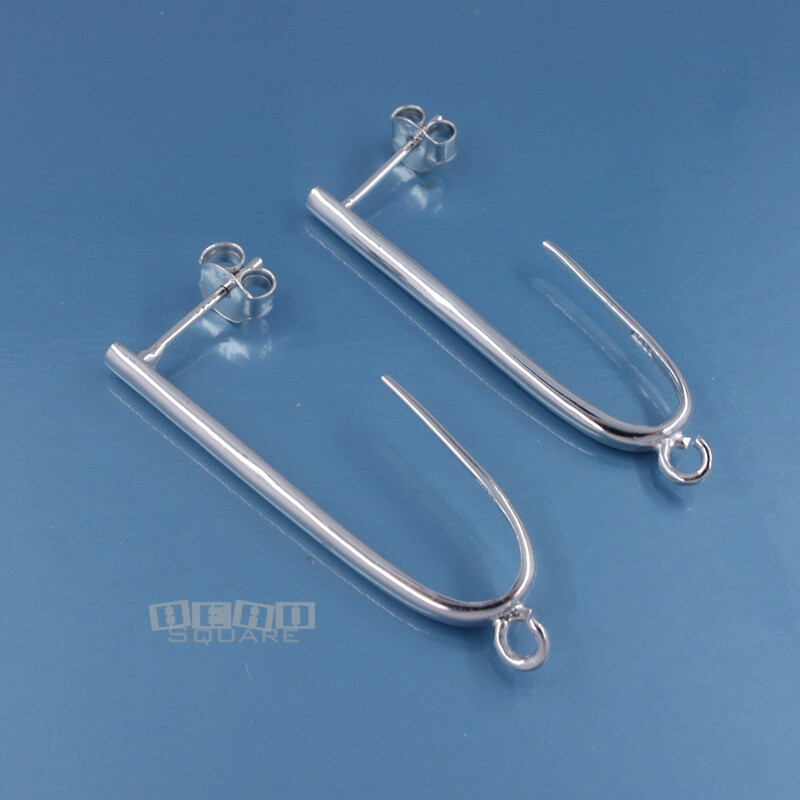 2 Sterling Silver Long J Stud Post Earrings w/Clutches, Open Loop 34mm #33575