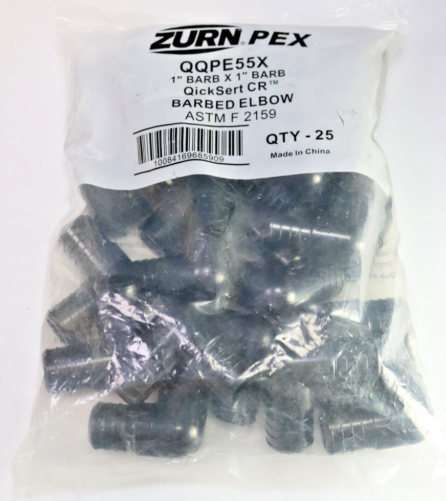(Bag of 25) Zurn Pex QQPE55X  1" x 1" Barb QickSert CR Barbed Elbow Tube Black