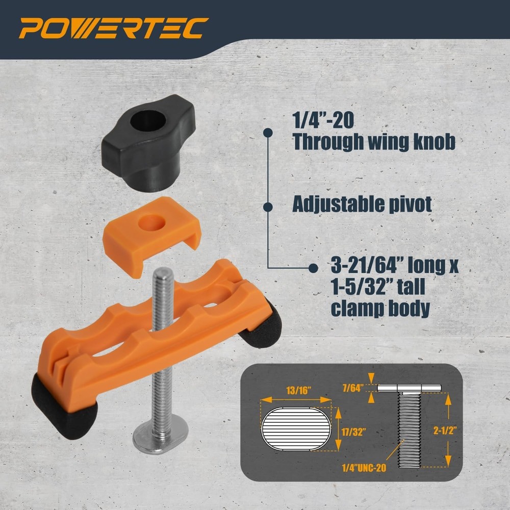 POWERTEC 2PK Adjustable Mini Hold Down Clamps, Multi-Positionable T Black