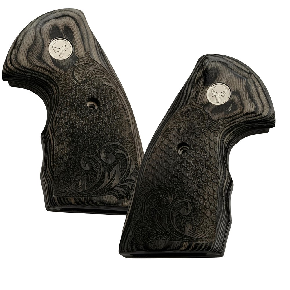 Colt Python Black Rosewood with Scrollwork and Scales Grips with Silver Punisher
