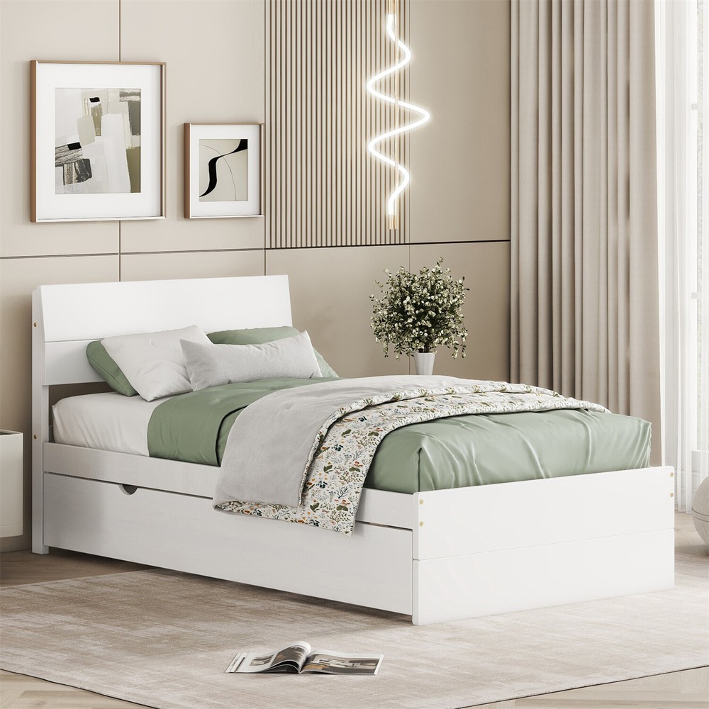 Twin Size Bed Frame Wood Platform Bed Frame w/ Headboard & Pull Out Trundle