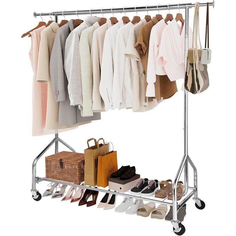 Heavy Duty Clothing Rack W/ Lockable Wheels Adjustable Height Storage Solution