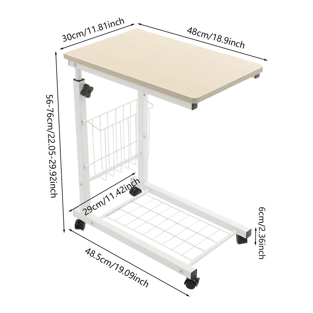 Adjustable Bed Side Table With Wheels, 2 Tier C Shaped Mobile Standalone Table