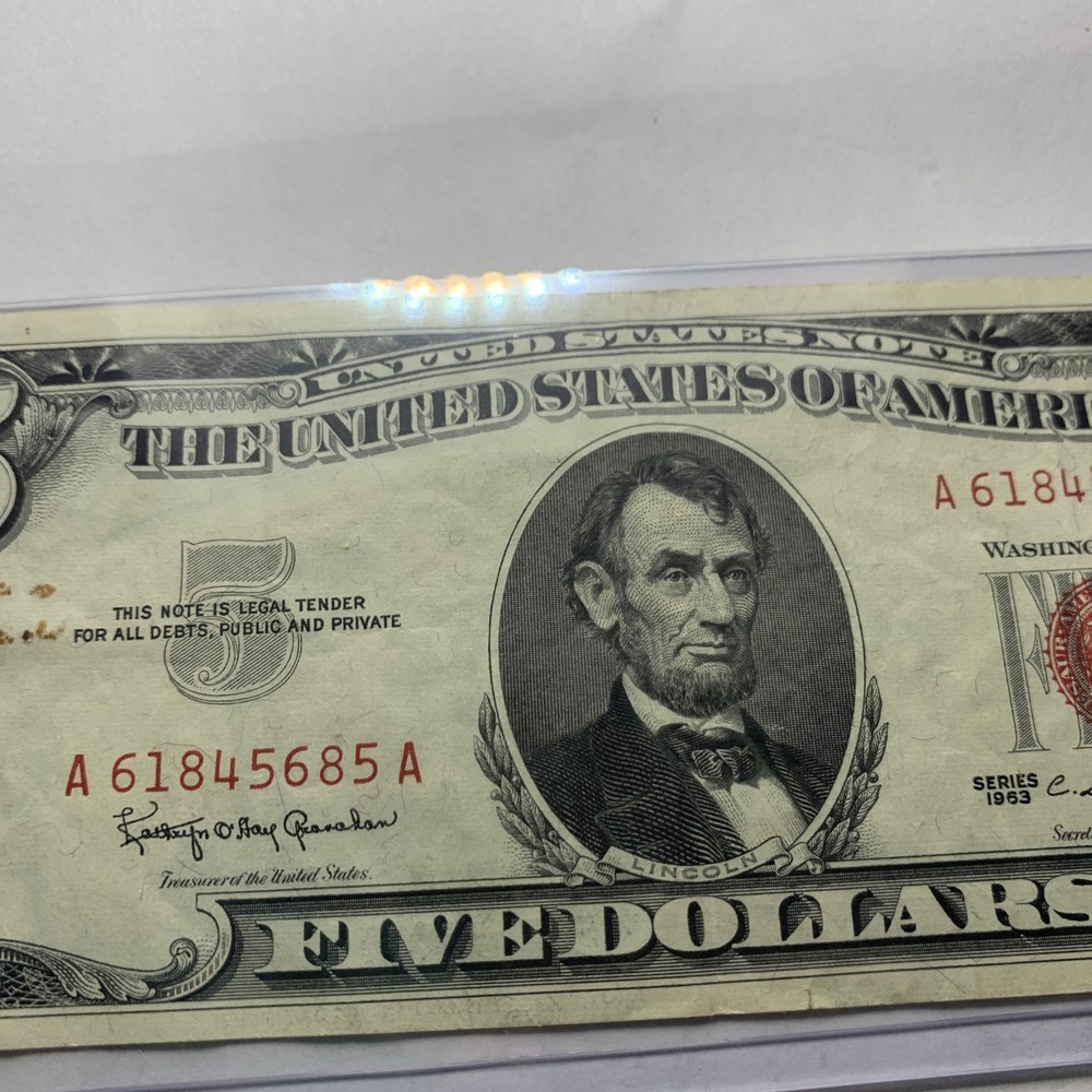 1963 $5 dollar red seal note A61845685a