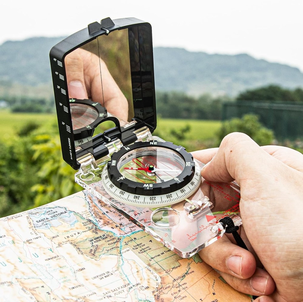 Orienteering Compass with Sighting Mirror - Adjustable Declination for Hiking &