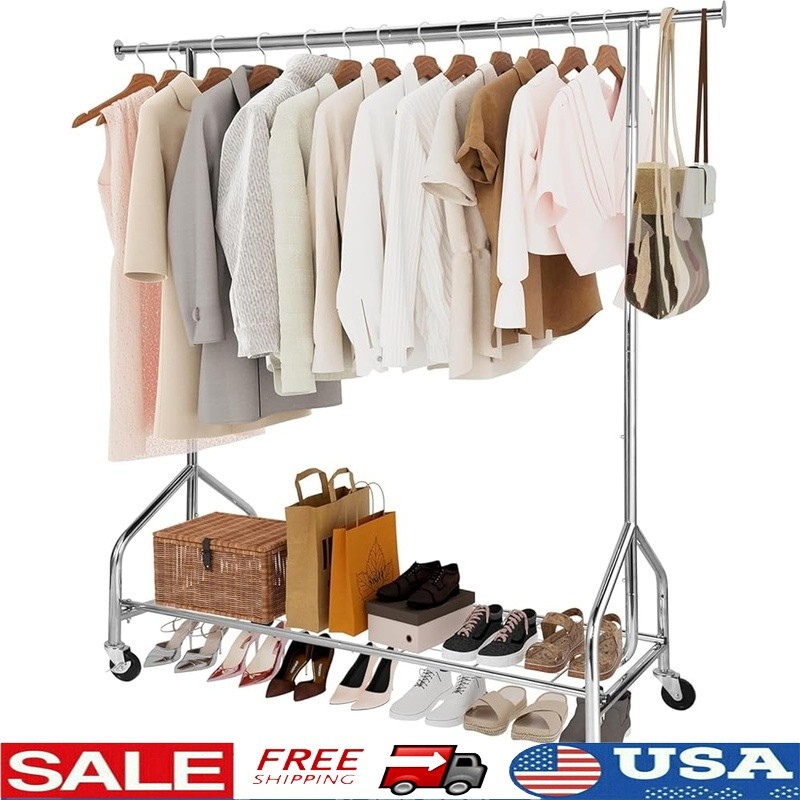 Heavy Duty Clothing Rack W/ Lockable Wheels Adjustable Height Storage Solution