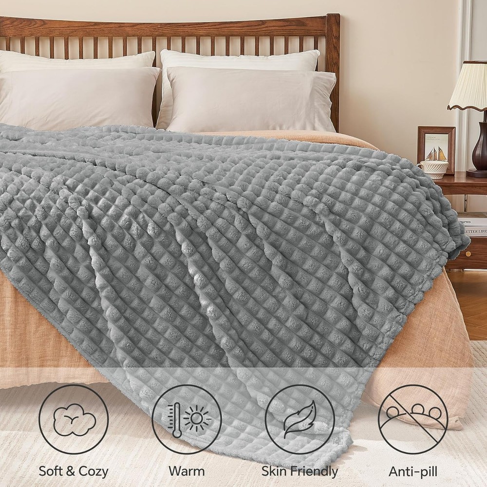 Updated Grey Throw Blanket Couch & Bed- Super Soft & Warm 3D Checkered Fluffy