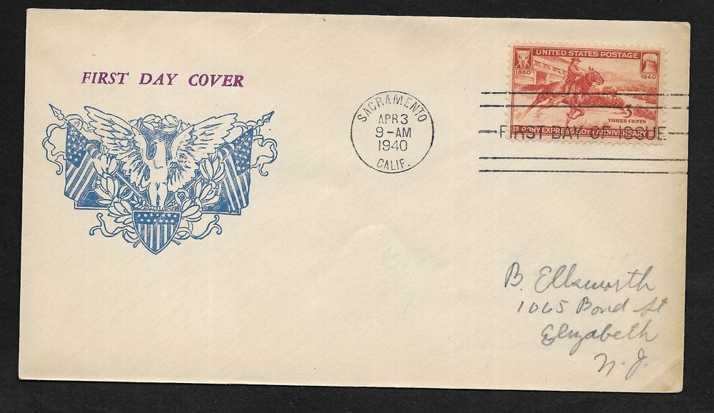 #894 3c Pony Express -Eagle & Flags Cachet FDC Sacramento