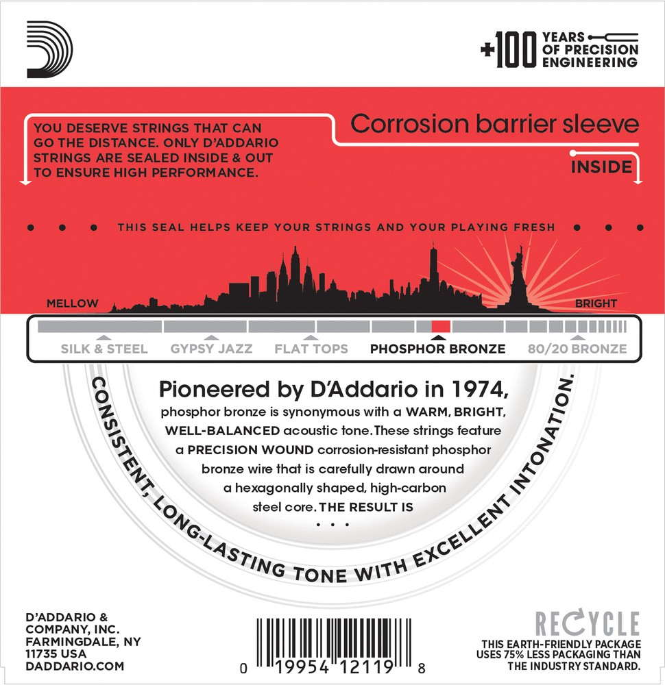 1 Set D'Addario EJ39 Phosphor Bronze 12 String Acoustic Strings Medium 12-52