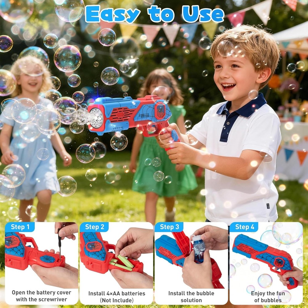 2PCS Bubble Gun for Kids, Spider Bubble Machine Gun with 4 Bubble Solution, Outd