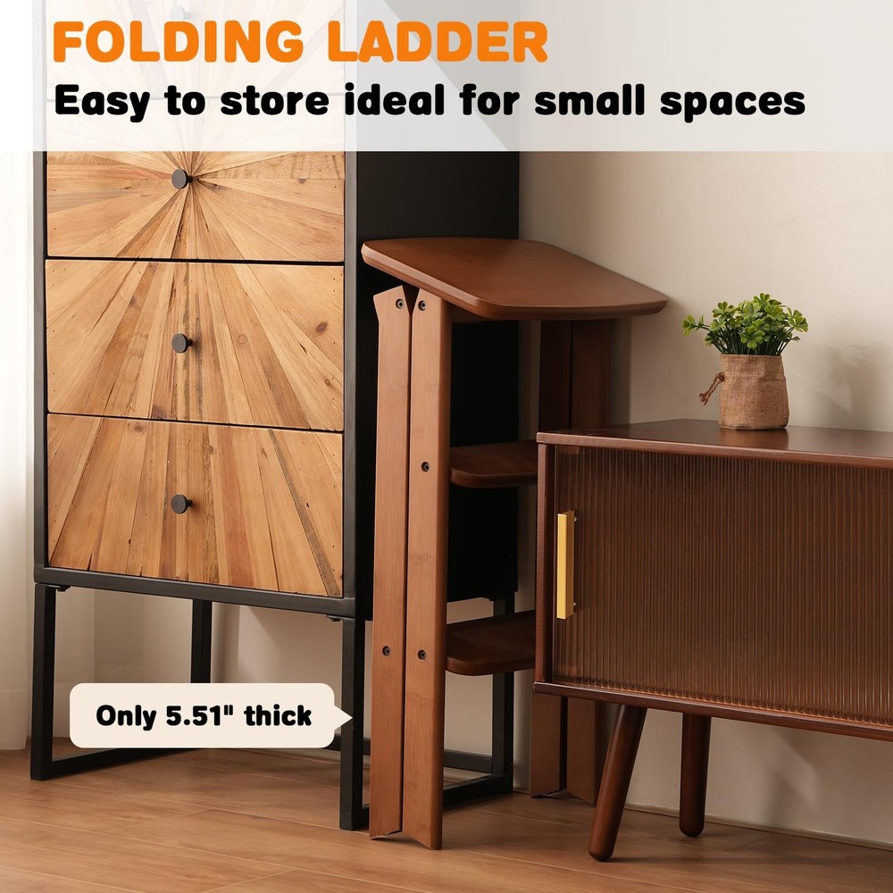 3 Step Ladder Folding Step Stool, Wooden Step Stool Foldable, Folding Step St...