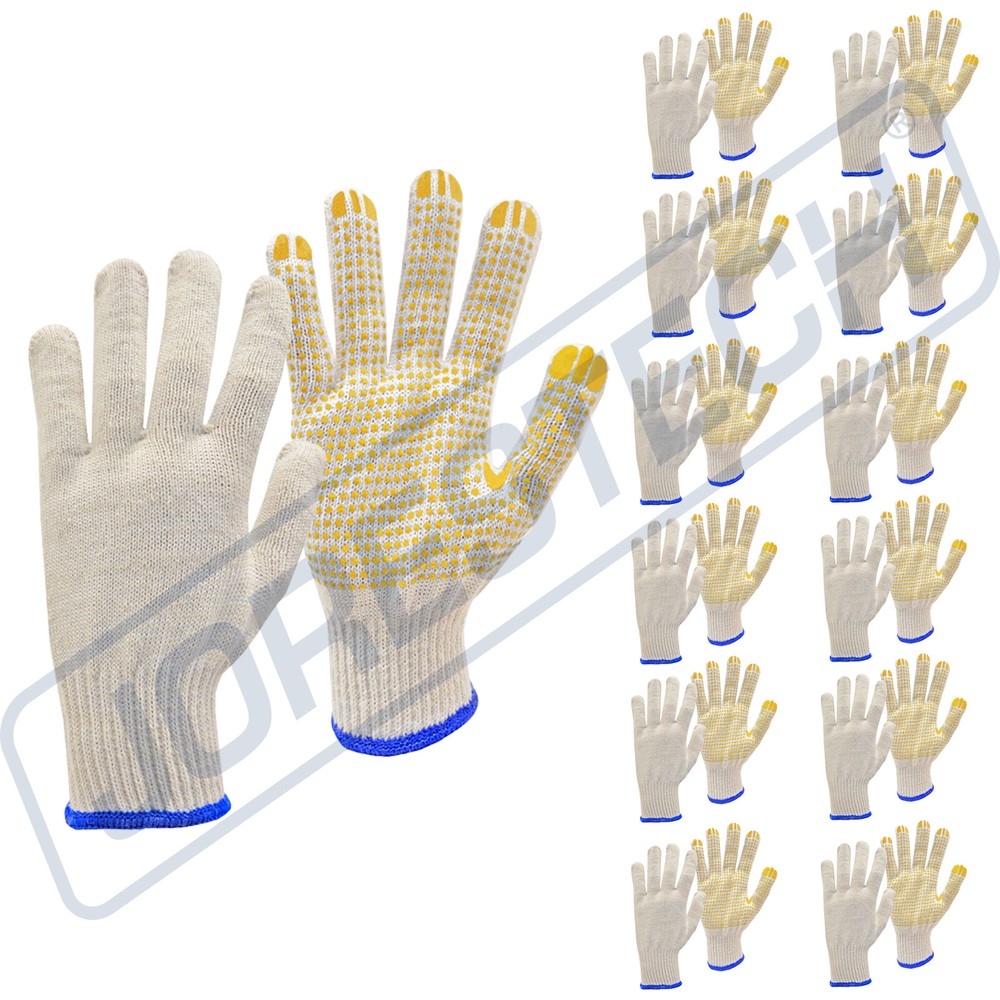 12 Pairs Poly Cotton PVC Dots String Knit Work Gloves for Warehouse