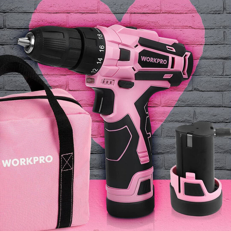WORKPRO 12V Cordless Drill Driver Set 3/8" Keyless Chuck Screwdriver Driver Pink