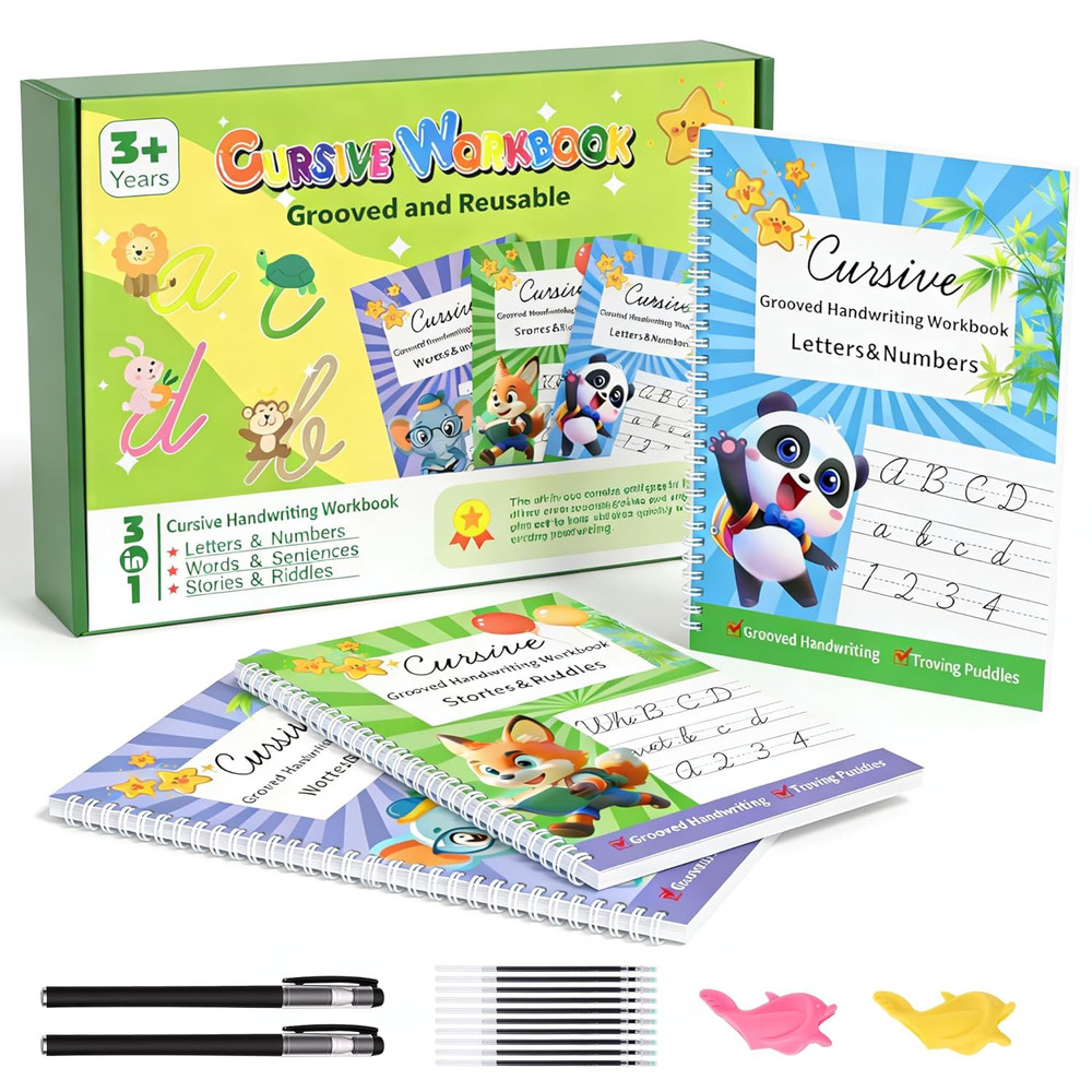 3 Pack Grooved Cursive Handwriting Workbooks - Magic Ink Disappearing Cursive Tr
