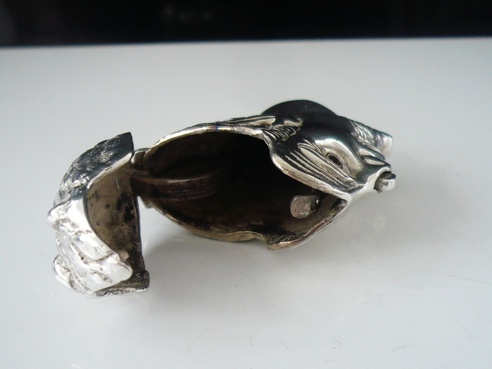 Novelty Sterling Silver Horny Devil Vesta Case, Push Button Nose Release to Open