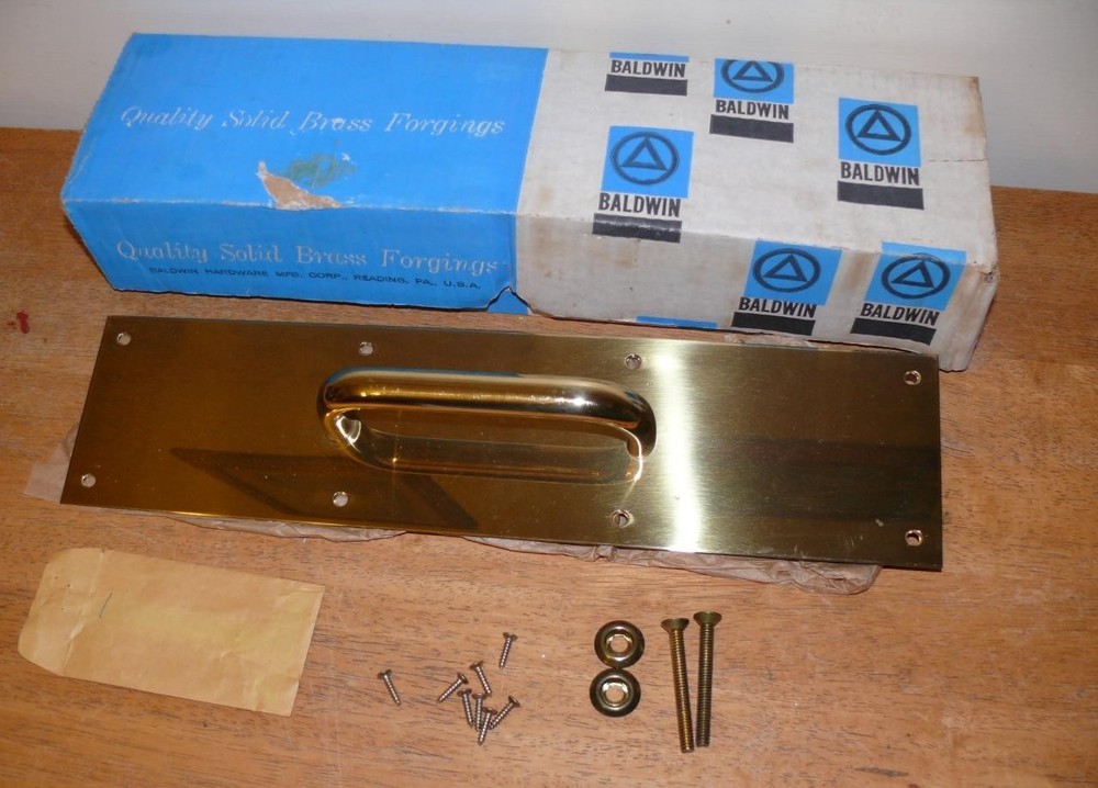 Vintage New open box Baldwin Brass 4" x 16" Solid Brass Pull Plate with hardware