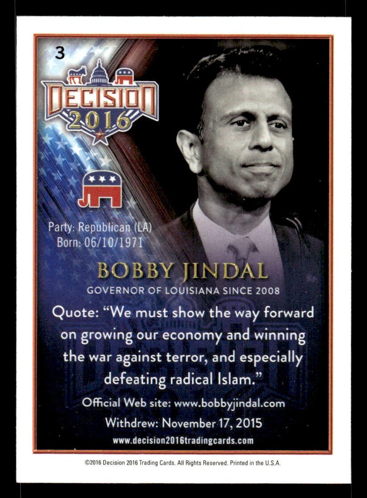 2016 Decision 2016 #3 Bobby Jindal Card