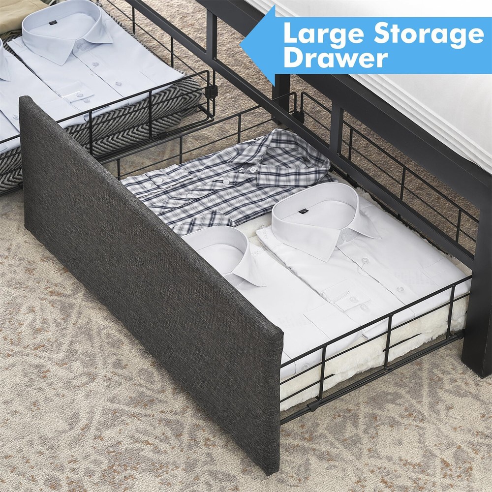 Upholstered Bed Frame with 2 Storage Drawers Queen Bed Frame with LED Lights