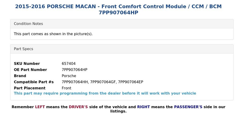 2015-2016 PORSCHE MACAN - Front Comfort Control Module / CCM / BCM 7PP907064HP