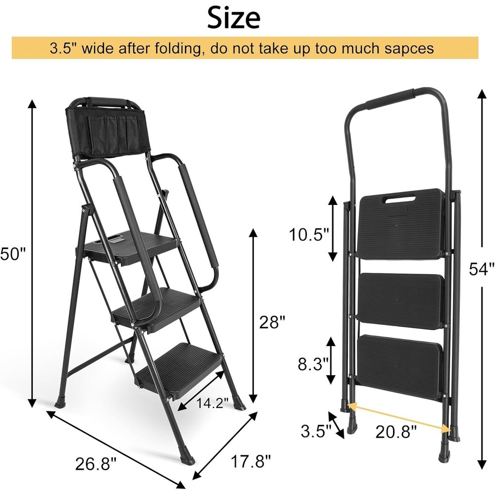3 Step stool Ladder with Handrails 500 lbs folding Attachable Tool